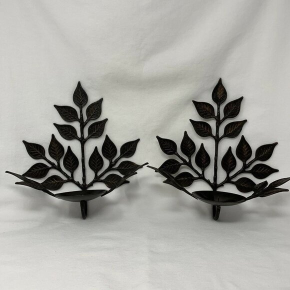 Black Wrought Iron Wall Hanging Leaves - Candle Holder (set of 2) - Picture 1 of 11